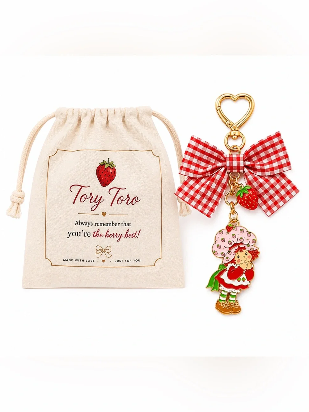 Strawberry Shortcake Bow Bag Charm Keychain – Red & Gold 🍓🔑